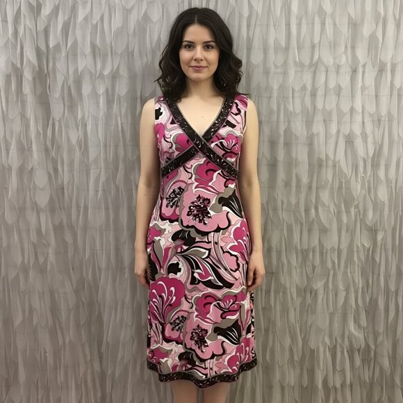 Tahari ASL Pink Sleeveless V-Neck Floral Dress | Women's Size 6 - Picture 1 of 9